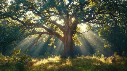 Poster - Majestic tree bathed in sunlight, surrounded by lush greenery and a serene atmosphere.
