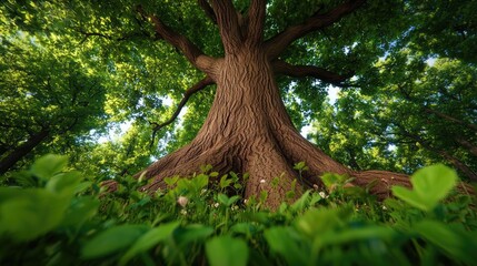 Poster - Majestic tree trunk rising from vibrant green foliage.
