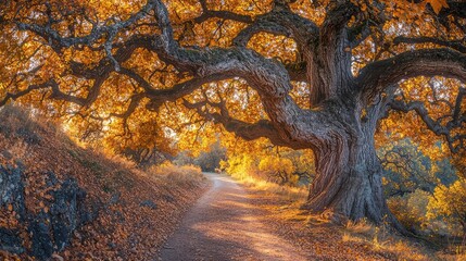 Poster - Majestic tree with autumn foliage along a serene pathway.