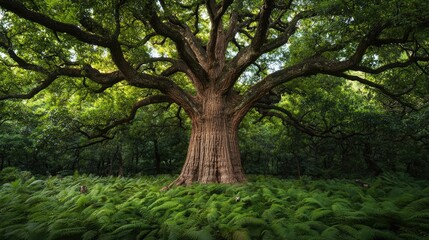 Poster - Majestic tree surrounded by lush green ferns, nature's serene beauty.