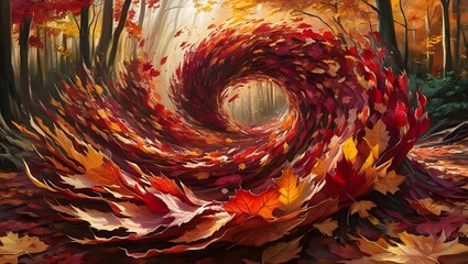 Aufkleber - Experience the beauty of autumn as leaves create a whirling dance in a forest landscape