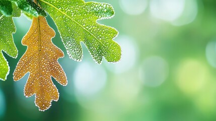 Aufkleber - Close-up of dew-covered oak leaves against a soft, blurred green background.