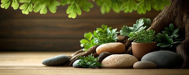 Poster - Natural stones and potted plants under green leaves, serene garden setting.