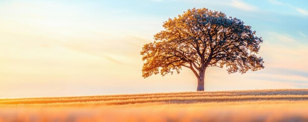 Poster - Lone tree in a golden field during sunset, serene landscape, vibrant sky hues.