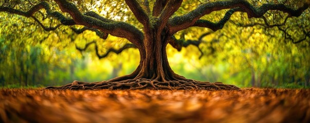Poster - Majestic tree with sprawling roots and vibrant green foliage in a serene environment.