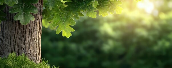 Poster - Close-up of green leaves illuminated by soft sunlight, natural serene background.