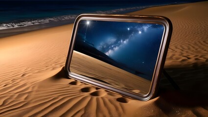 Poster - Reflective mirror in desert night sand dunes landscape photography starry sky unique perspective surreal concept