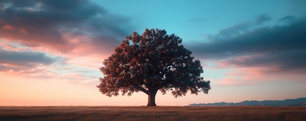 Poster - Isolated tree silhouette against a vibrant sunset sky with beautiful colors.