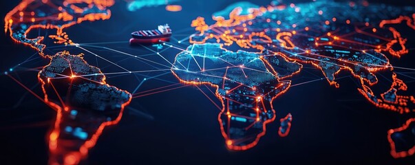 Poster - Illustration of a digital world map with shipping routes and illuminated connections.