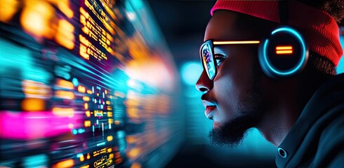 Enthusiastic man coding with headphones in a vibrant digital environment.