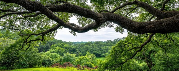 Poster - Lush green trees and branches frame a serene forest view in nature's tranquility.