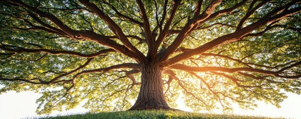 Poster - Majestic tree with sprawling branches, backlit by golden sunlight, serene landscape.