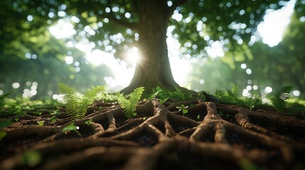 Poster - Tree roots intertwined with ferns under sunlight in a lush forest scene.