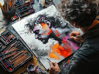 Poster - Artist explores color dynamics by smudging pastels on canvas for unique portrait creation