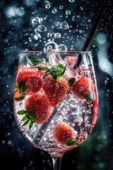 Wall Mural - Fresh strawberries floating in a glass of water