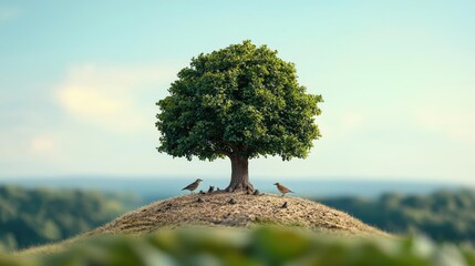Poster - Tree surrounded by birds on a grassy hill under a clear blue sky.