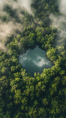 Aufkleber - Serene and magical atmosphere created by misty lake and lush green trees seen from above