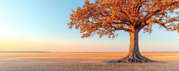 Poster - Lonely autumn tree against a colorful sky, expansive field, peaceful scenery.