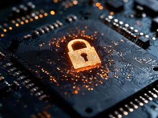Poster - illuminate your innovations a circuit board featuring a central glowing lock for enhanced security