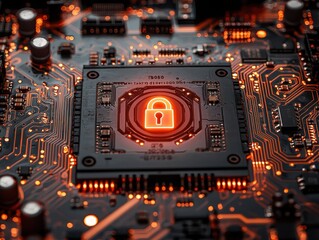 Poster - Explore the intricacies of circuit boards featuring a glowing lock at the center symbolizing security