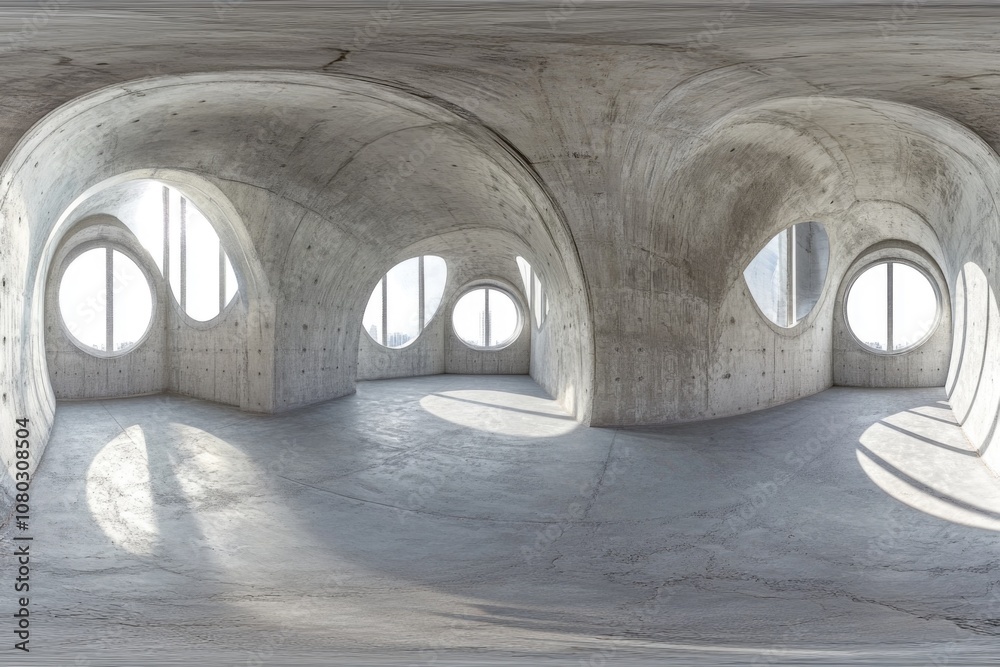 Multi Arch Window A modern room with multiple arched windows and concrete walls, suitable ...