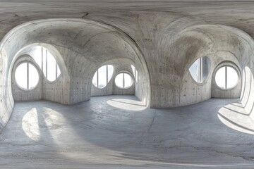 a modern room with multiple arched windows and concrete walls, suitable for architectural or interio