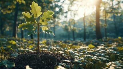 Poster - Small oak tree sprouting in the sunlight, surrounded by lush greenery.
