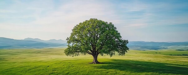 Poster - Lone tree on a serene landscape, lush green grass and distant hills under a clear sky.