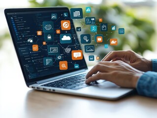 Poster - Explore the digital landscape conceptual illustration of hands navigating technology icons on a laptop