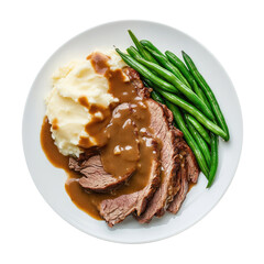 Wall Mural - Delicious Plate of Roast Beef with Mashed Potatoes and Gravy with Green Beans Isolated on a Transparent Background 