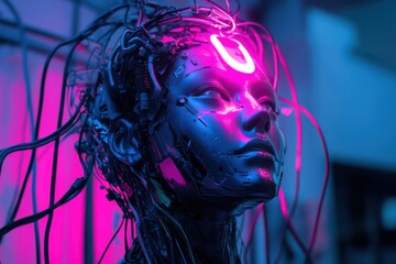 Poster - Female humanoid robot with neon pink and blue lighting, wires wrapped around her head. She has a curious or contemplative expression on her face, illuminated by a soft purple light.
