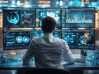 Poster - Data scientist analyzes complex datasets on multiple screens to uncover insights and trends