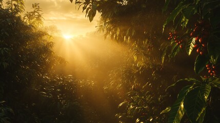 Poster - A forest with a sun shining through the trees
