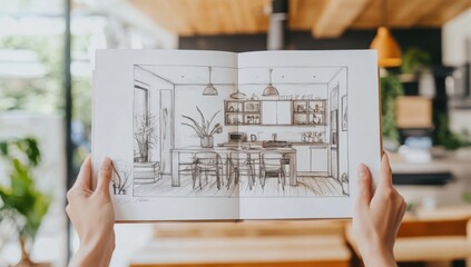 Poster - Hand holding an open sketchbook with detailed interior design sketches of a modern kitchen, dining room, and living area in the background, symbolizing creativity and home decor fun.