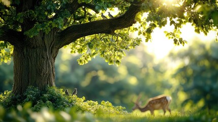 Poster - Deer grazes peacefully under a large, sunlit tree amidst vibrant green foliage.