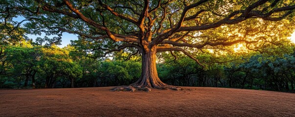Poster - Majestic tree standing tall under a golden sunset in a serene environment.