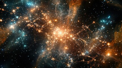 Aufkleber - communication network, showcasing interconnected nodes and pathways formed by luminous particles in 