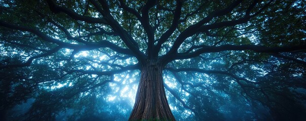 Poster - Majestic tree with sprawling branches against a mystical blue backdrop.
