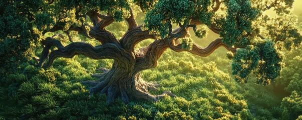 Poster - Majestic tree with sprawling branches in lush greenery under soft sunlight.