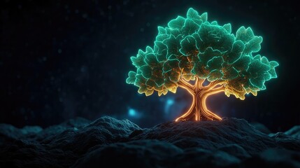 Poster - Glowing tree against a dark background, illuminated with vibrant neon lights.