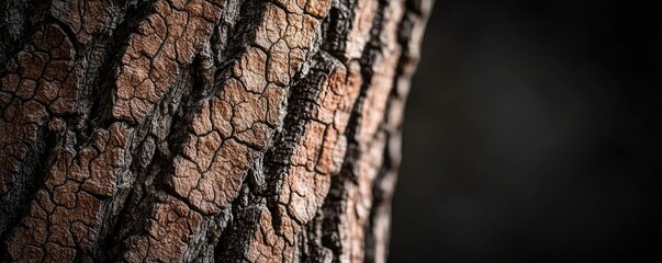 Poster - Close-up of textured tree bark on a dark background.
