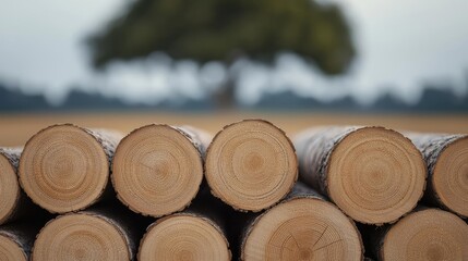 Poster - Logs stacked in a row with a blurred tree in the background.