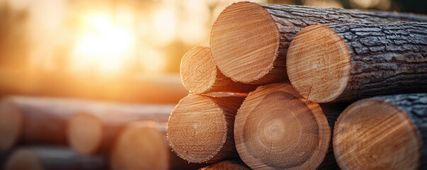 Poster - Freshly cut logs stacked with warm sunlight in the background.