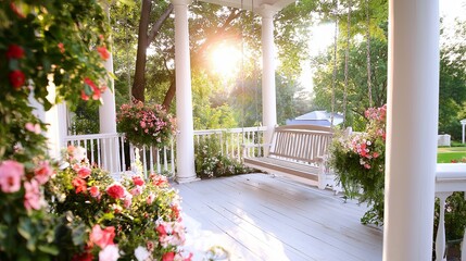Poster - Front Porch with Columns, White Railings, and Swinging Bench