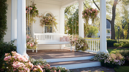 Poster - Front Porch with Columns, White Railings, and Swinging Bench