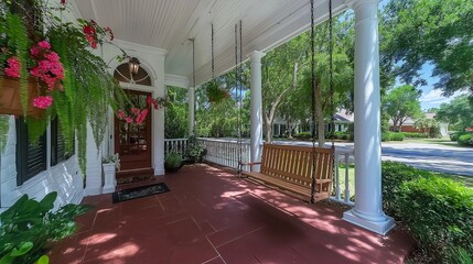Poster - Front Porch with Columns, White Railings, and Swinging Bench