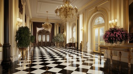 Poster - Grand Entrance Hall with Checkered Floor and Brass Chandelier