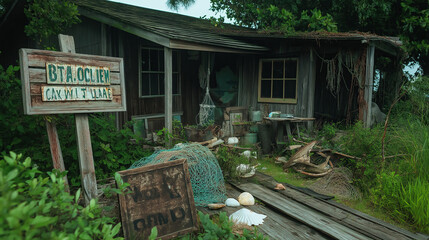 Poster - Rustic Beach Shack with Worn Wooden Sign and Fishing Net
