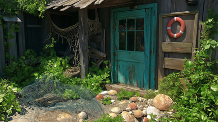 Poster - Rustic Beach Shack with Worn Wooden Sign and Fishing Net