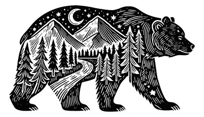 Wall Mural - bear silhouette forest tree engraving black and white outline